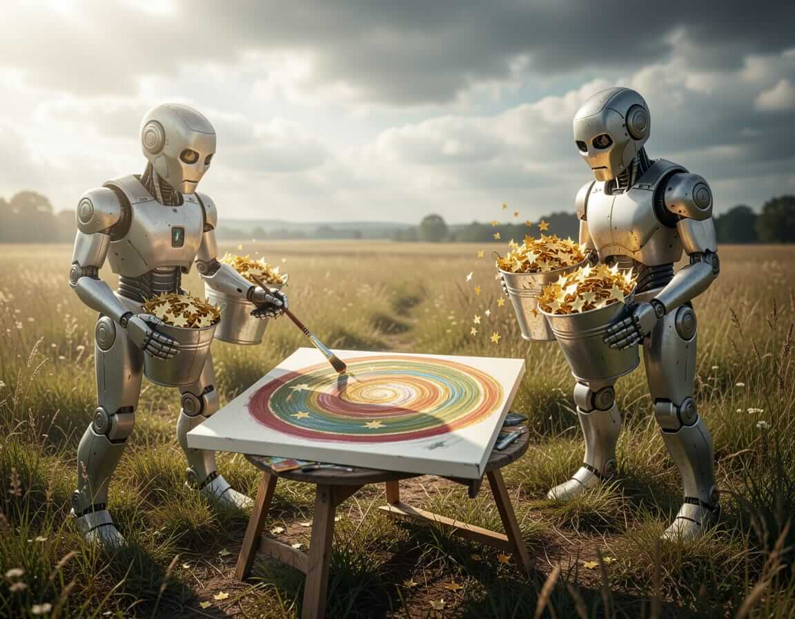 An article Feature Image of two robots painting a circle with far too many stars.